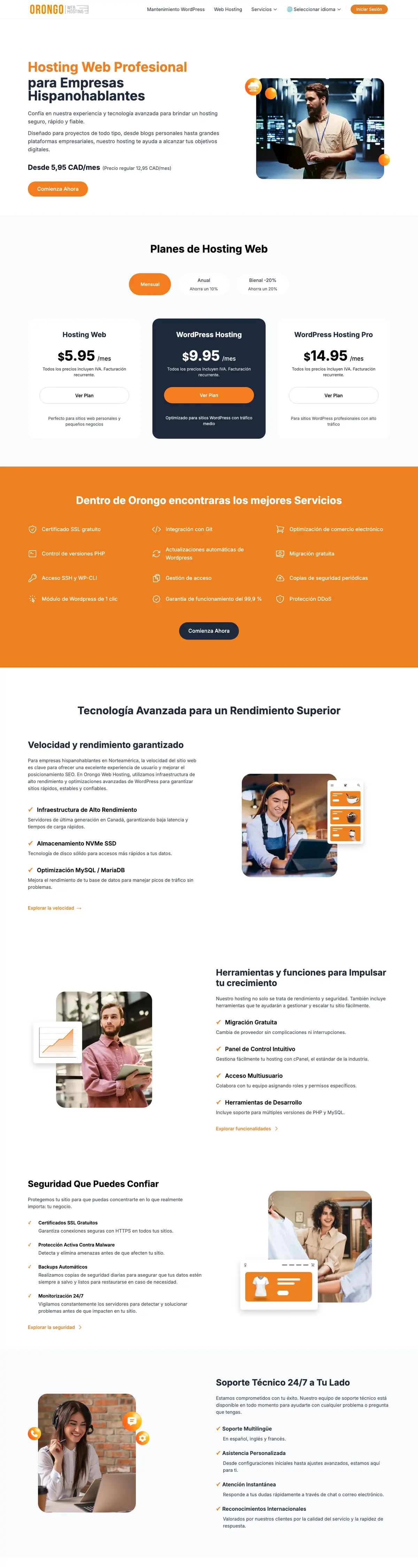 Página completa de Orongo Web Hosting