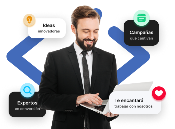 Ingemiería-Social Hombre profesional ajustando sus gafas mientras revisa su portátil, con íconos de marketing digital y conversiones expertas a su alrededor.
