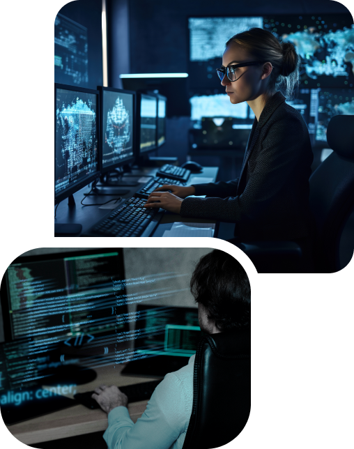 porque-elegir-nuestro-servicio-Ingemiería-Social Experta en seguridad cibernética trabajando en un centro de monitoreo, rodeada de pantallas con datos en tiempo real.