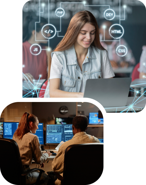 porque-elegir-nuestro-servicio-pentesting Mujer trabajando en su laptop con gráficos de desarrollo web y programación flotando a su alrededor.