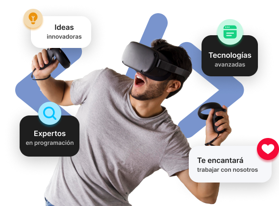 Hombre usando gafas de realidad virtual, rodeado de iconos que resaltan ideas innovadoras, tecnología avanzada y expertos en programación