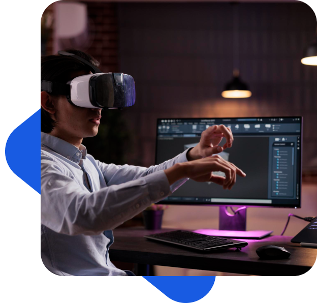 Hombre joven utilizando gafas de realidad virtual en un entorno de oficina para interactuar con gráficos digitales
