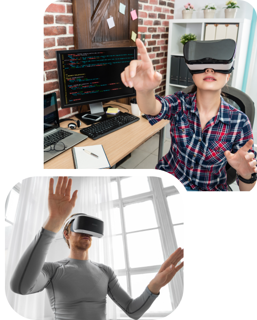 Arriba: Mujer joven en un ambiente de oficina usando gafas VR y programando en computadora. Abajo: Hombre en casa explorando con gafas VR.