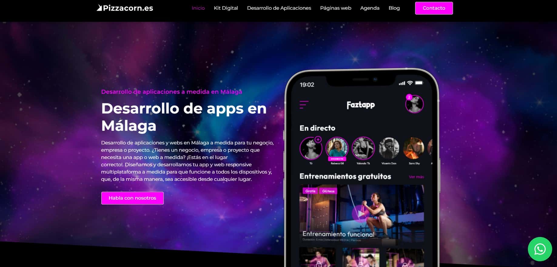 Vista de la página de inicio de la agencia Pizzacorn