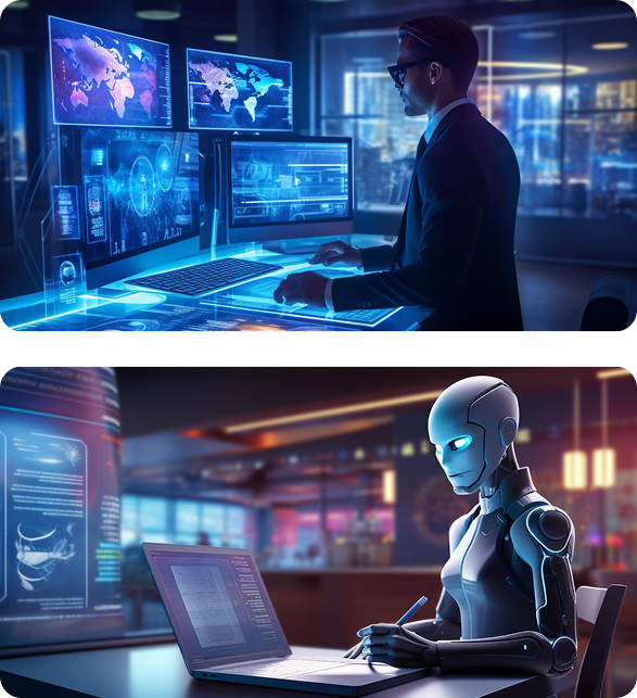 Agente y robot trabajando con sistemas de datos en entornos digitales avanzados.