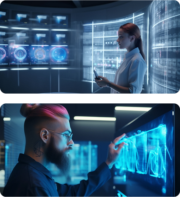 Profesionales trabajando con paneles digitales en centro de control de datos futurista.