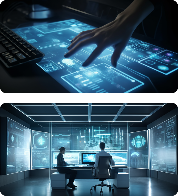 Sala de operaciones con pantallas táctiles y paneles de control de datos digitales.