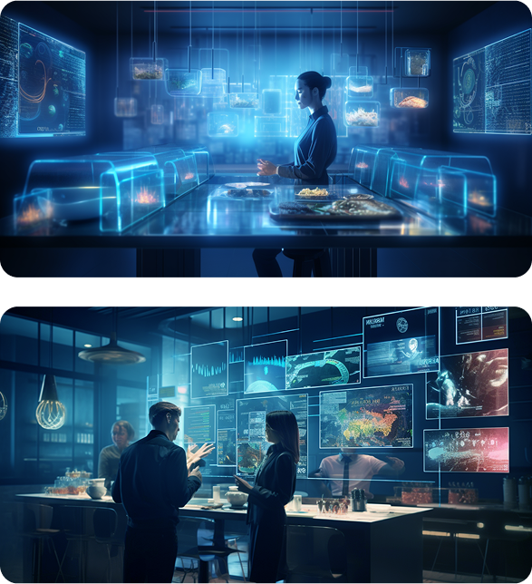 Sala de reuniones futurista con hologramas y pantallas digitales interactivas.
