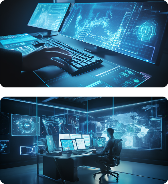 Asistente-virtual-wordpress Operador en sala de ciberseguridad con pantallas holográficas y sistemas de monitoreo global.