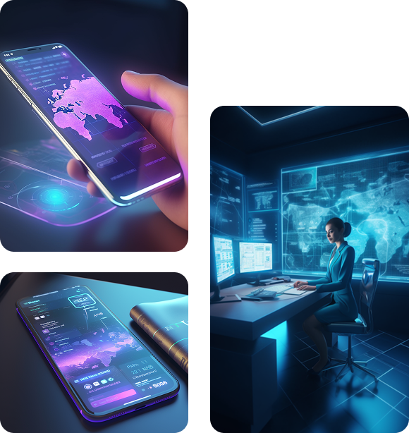 Centro de monitoreo digital con mapas interactivos en móviles y pantallas de control.