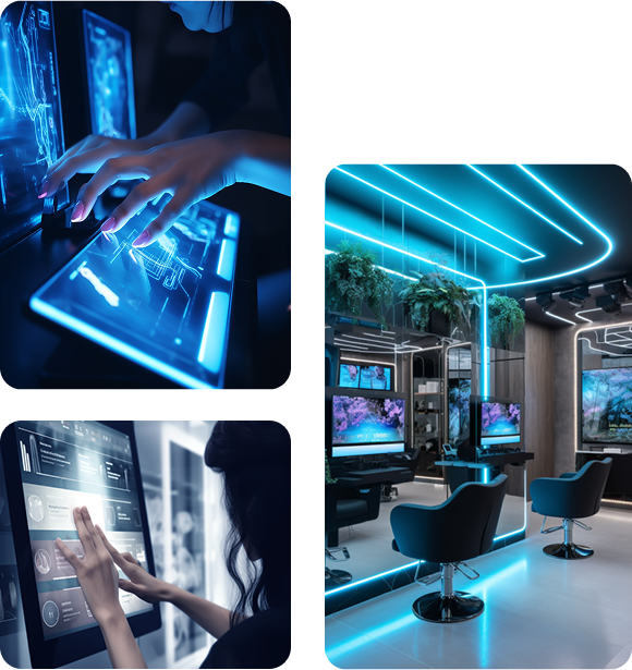 Salón de belleza futurista con interfaces táctiles y diseño inteligente.