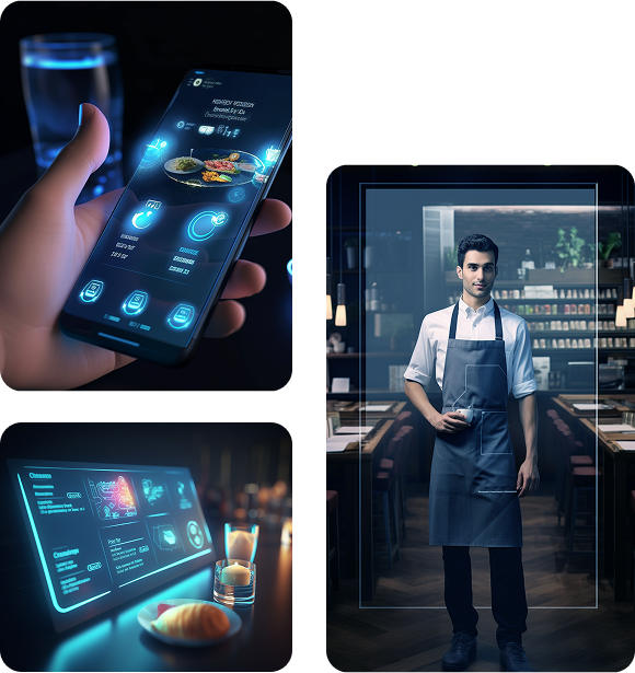 Restaurante inteligente con menú digital y camarero automatizado.