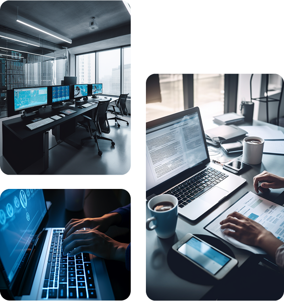 IA-wordpress Oficinas modernas con estaciones de trabajo digitales y análisis de datos en portátiles.