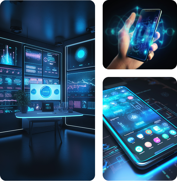 Sala de control con dashboards digitales y smartphones con interfaces tecnológicas avanzadas.