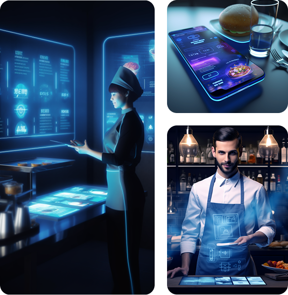 Restaurante futurista con pantallas interactivas y pedidos digitales.