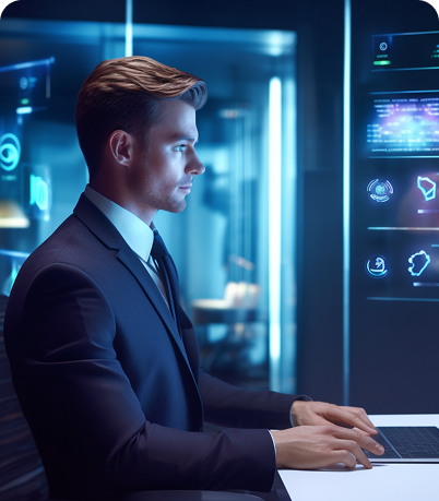 Ejecutivo utilizando paneles digitales para análisis de datos en oficina inteligente.