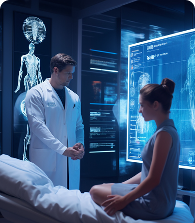 Fisioterapeuta tratando a una paciente con tecnología futurista y inteligencia artificial