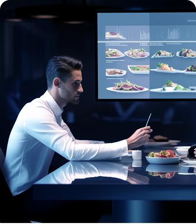 Cliente en restaurante digital interactuando con menú inteligente en pantalla.